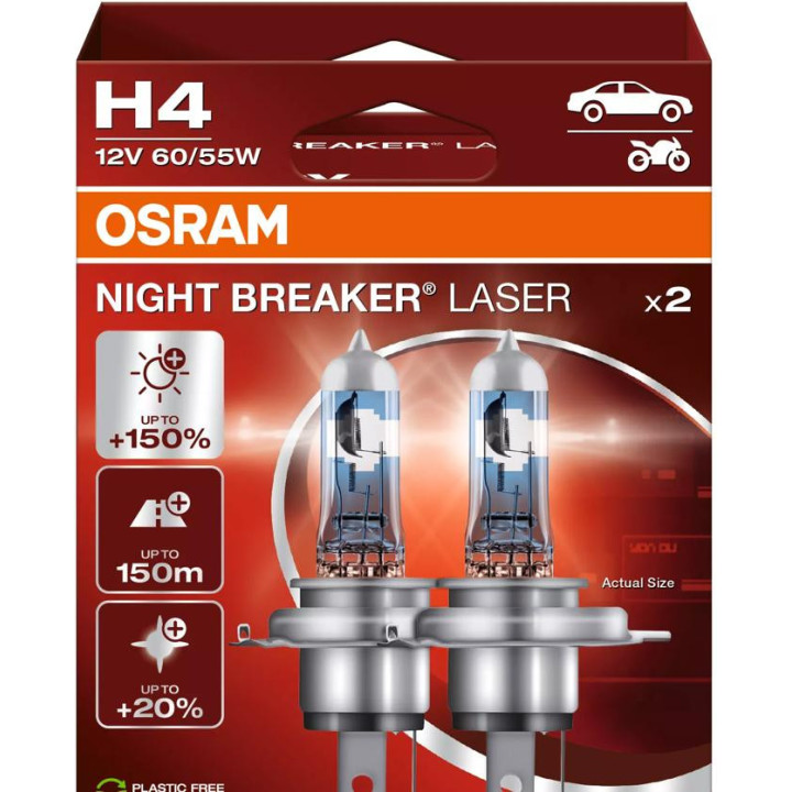 OSRAM NIGHT BREAKER LASER H4 — halogēnā priekšējo lukturu spuldze, 2 gab.