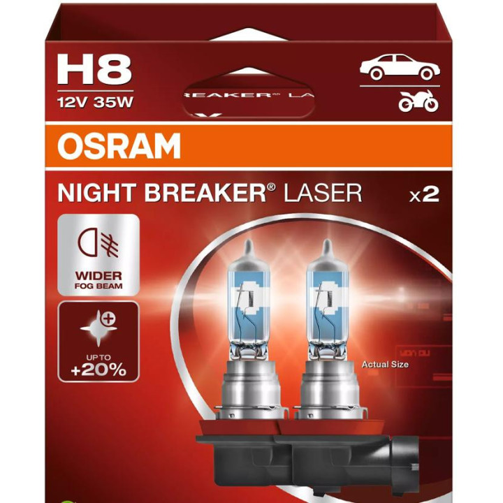 OSRAM NIGHT BREAKER LASER H8 — halogēnā priekšējo lukturu spuldze, 2 gab.