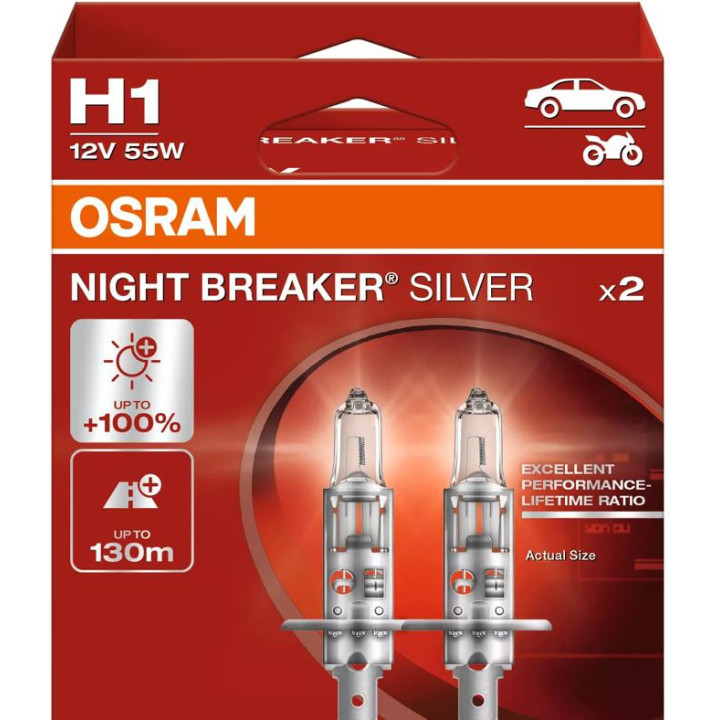 OSRAM NIGHT BREAKER SILVER H1 — halogeninė priekinio žibinto lemputė, 2 vnt.