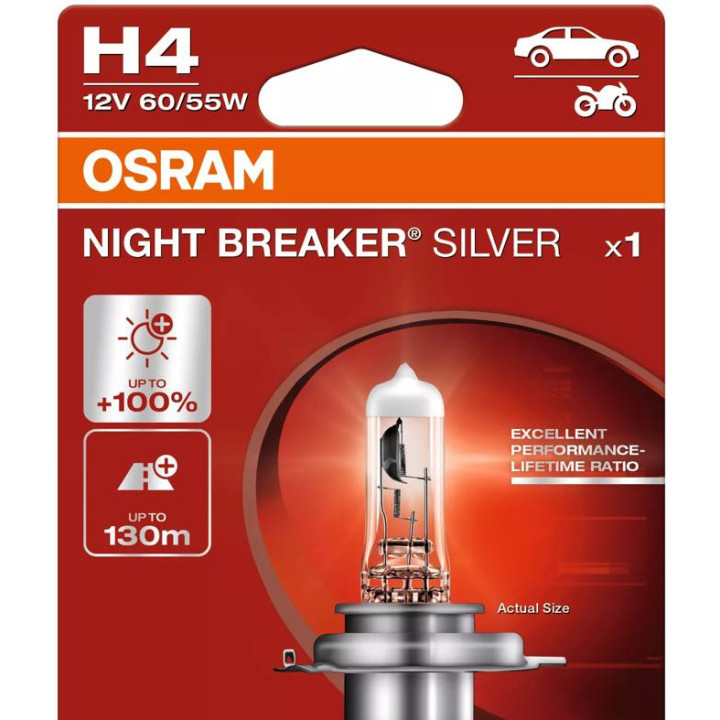 OSRAM NIGHT BREAKER SILVER H4 — halogeninė priekinio žibinto lemputė, 1 vnt.