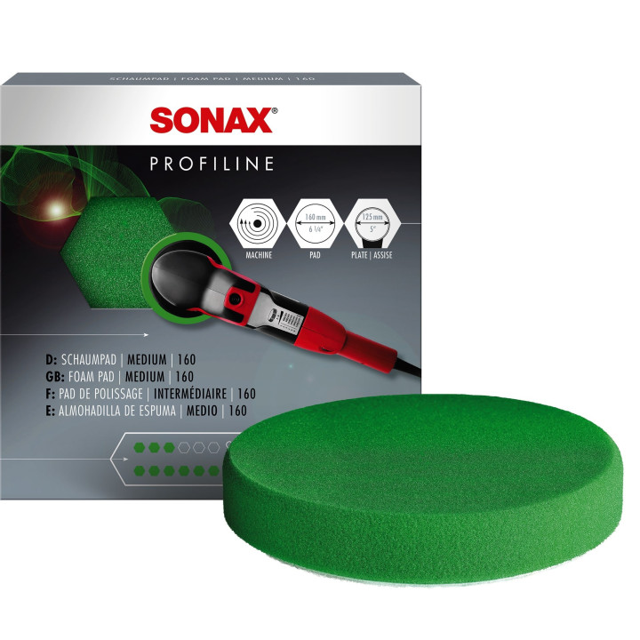 SONAX PROFILINE medium foam pad, article 04930000. One 160 mm pad; the pictured package and polisher are not included.