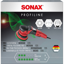 SONAX PROFILINE keskmise kõvadusega poleerimispadi, 140 mm padi 125 mm tugitaldrikule; masin on näidatud kasutusnäitena.