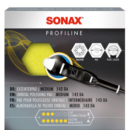 SONAX PROFILINE FinishPad DA vidutinio kietumo padas, 143 mm 125 mm atraminei lėkštei; mašina parodyta naudojimo pavyzdyje.