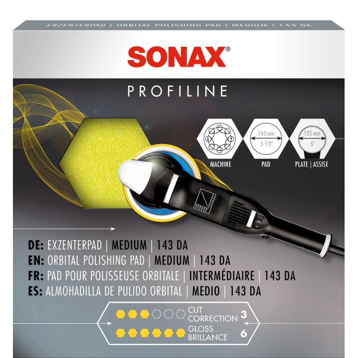 SONAX PROFILINE FinishPad DA средней жёсткости, круг 143 мм для тарелки 125 мм; машинка показана как пример применения.